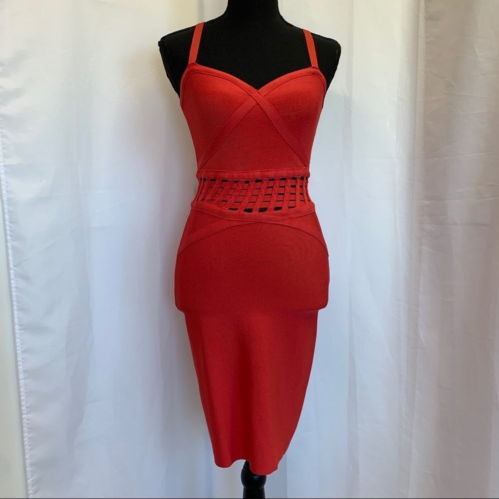 Bebe Red Bandage Bodycon Dress With Caged Waist Detail Sz M - Picture 3 of 12